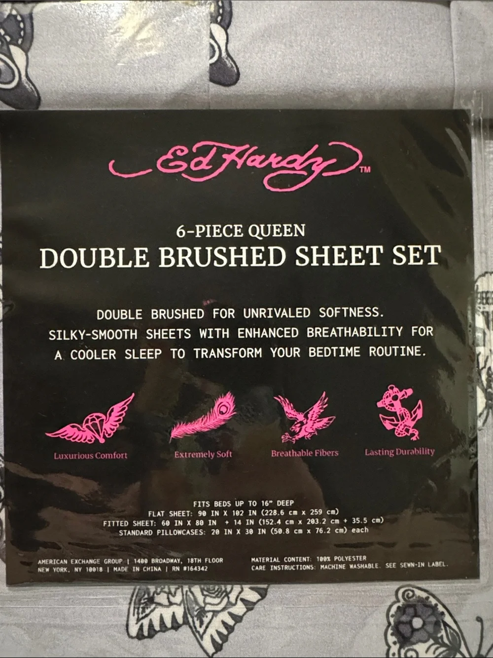 Ed Hardy Queen Size Lavender Purple 6 Piece Bed Sheet Set Butterfly Skull Floral